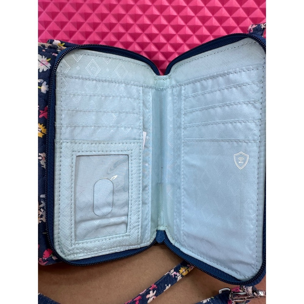 Vera Bradley Quilted Floral RFID Crossbody Wallet Bag Navy Blue - Picture 10 of 13